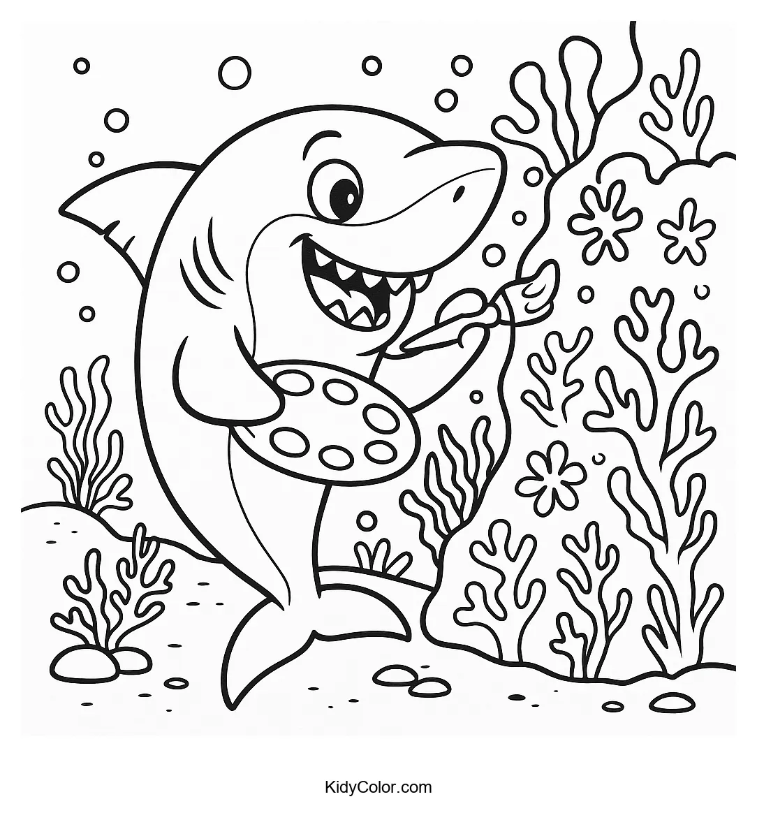 Coloring page of a shark painting an ocean mural