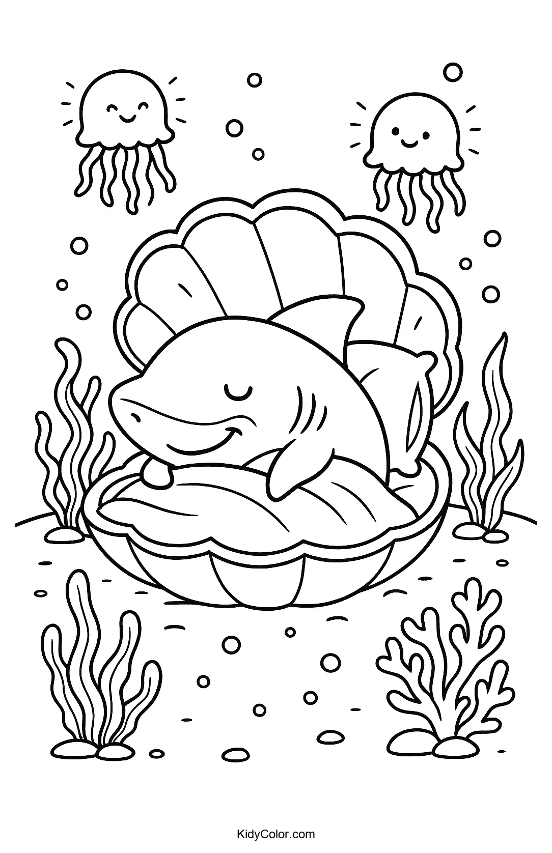 Coloring page of a shark in a clamshell bed