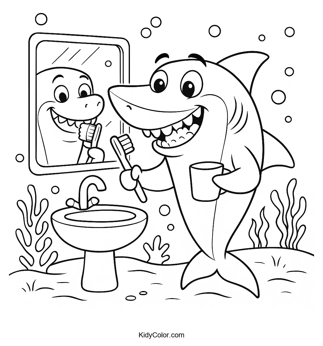 Shark brushing teeth underwater