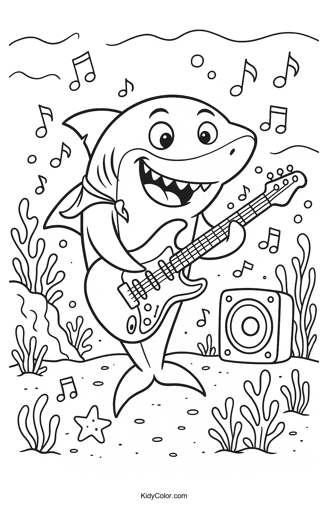Shark rock band playing music underwater