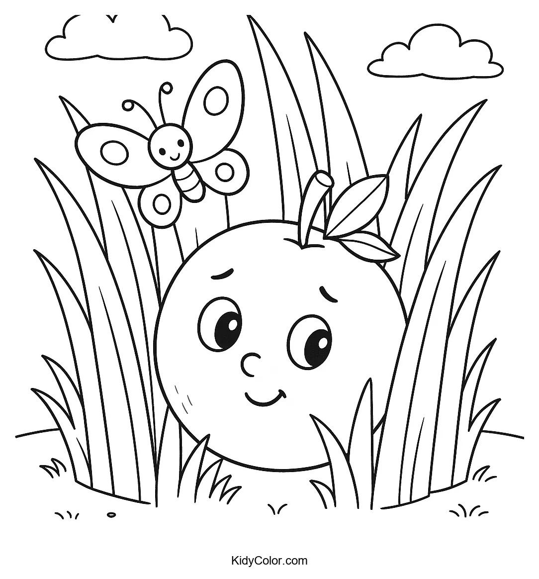 Coloring page of a shy cranberry and a butterfly in the grass.