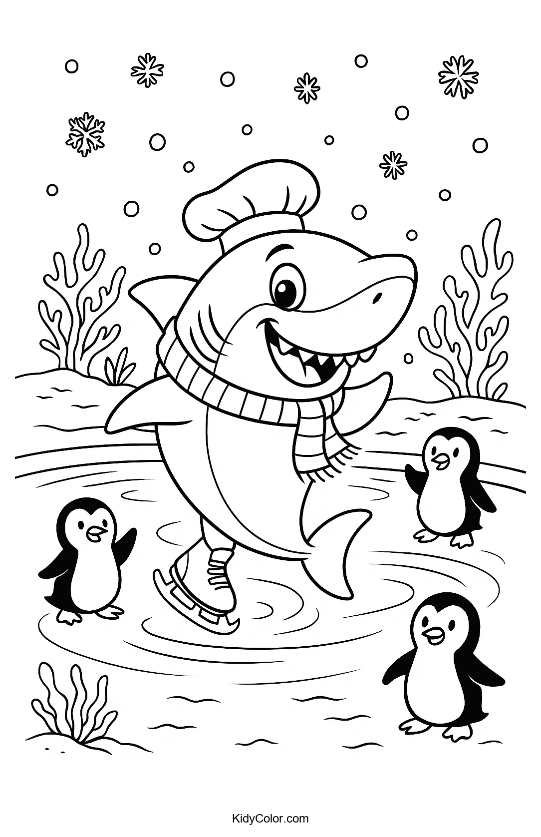 Skating shark and penguin pals coloring page