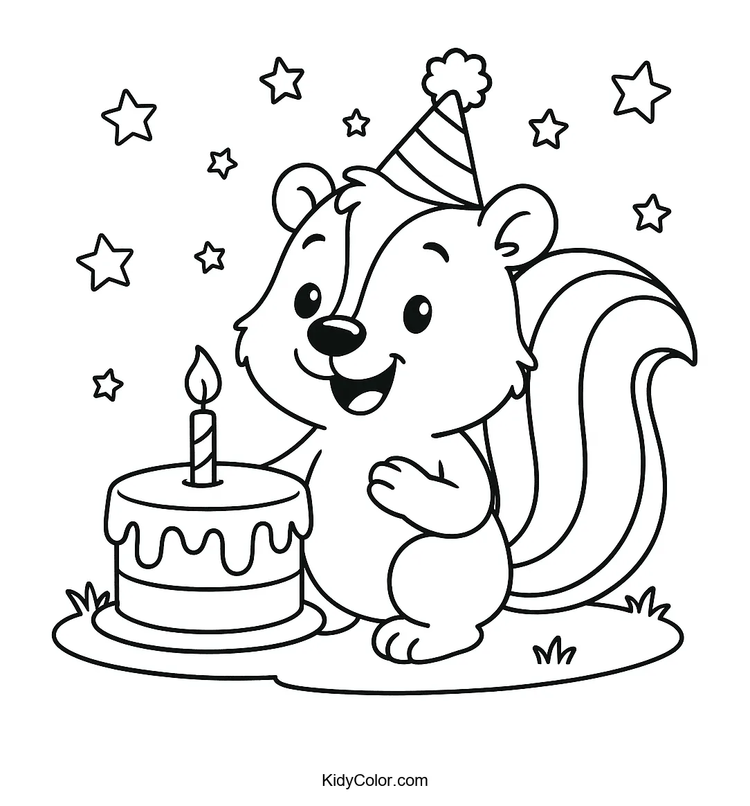 Skunk's birthday party with balloons and gifts.