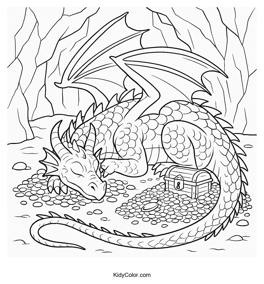 Sleeping dragon with a treasure hoard coloring page