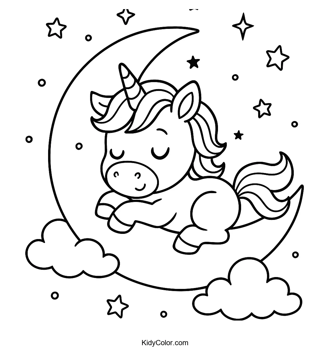 Sleeping unicorn on crescent moon coloring page