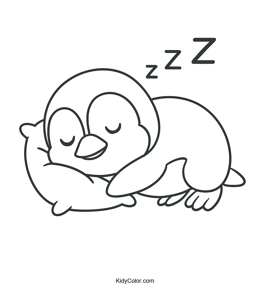 Sleepy penguin resting on a pillow coloring page