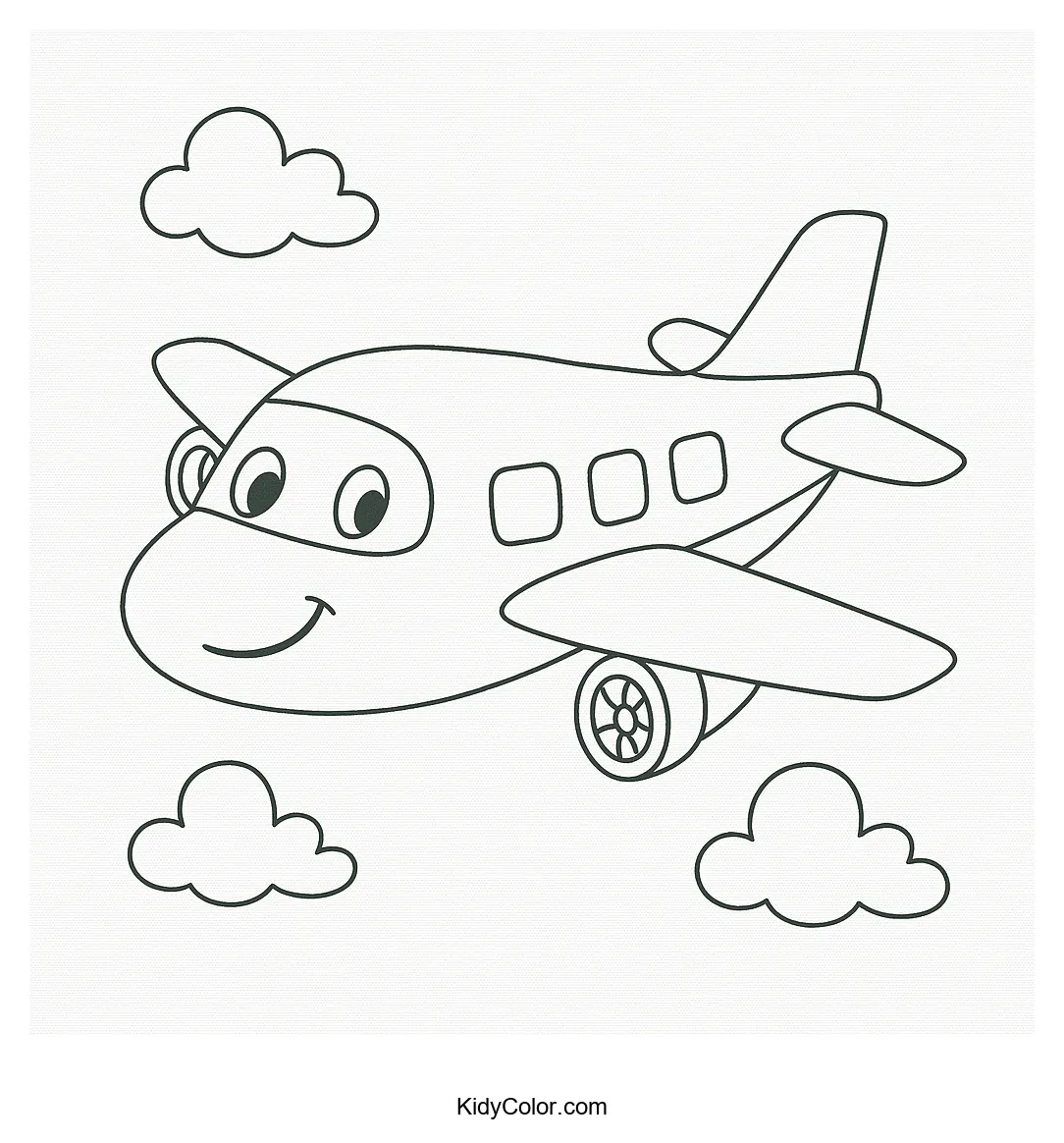 Smiling airplane with fluffy clouds
