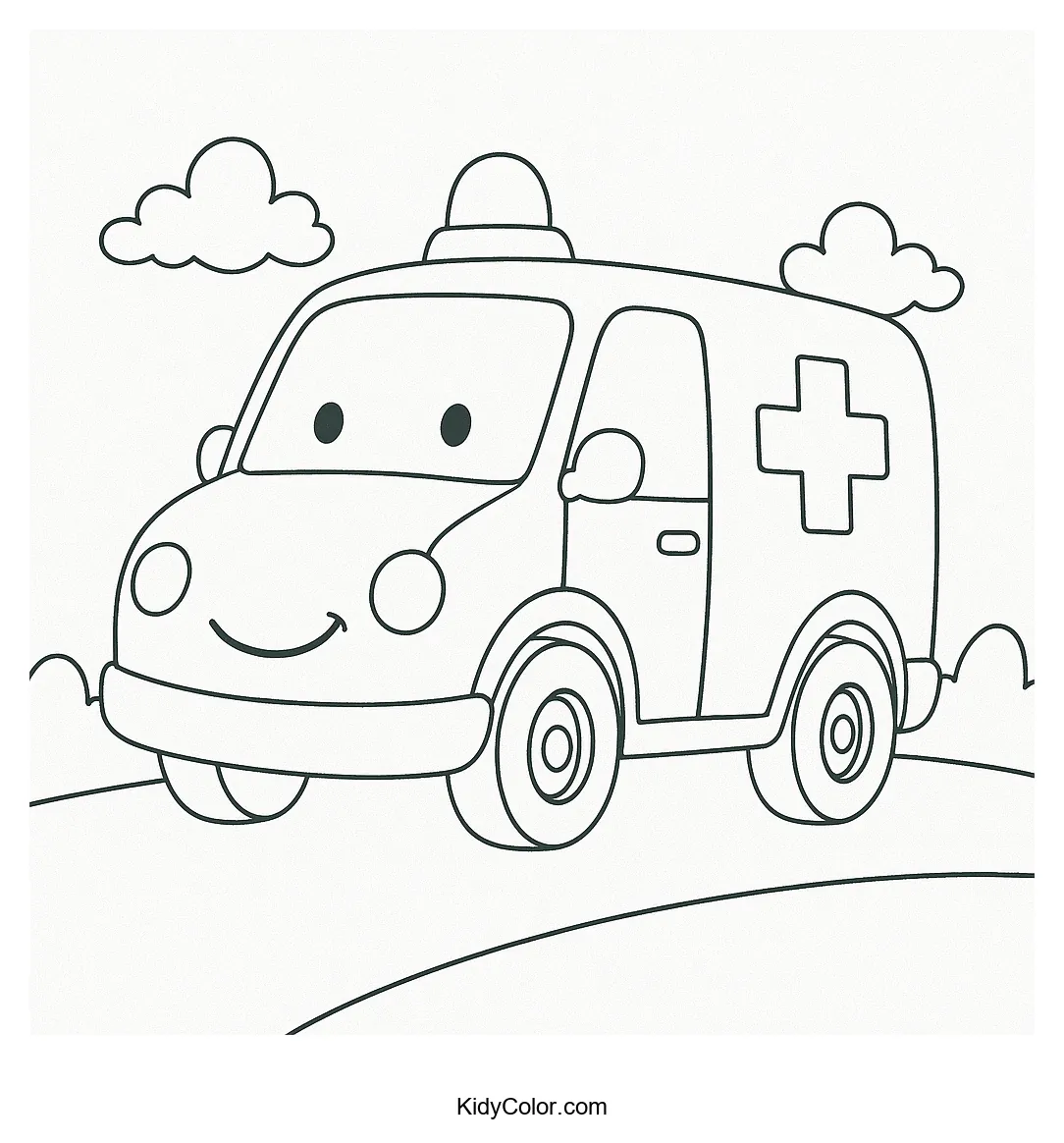Smiling ambulance on a friendly road coloring page