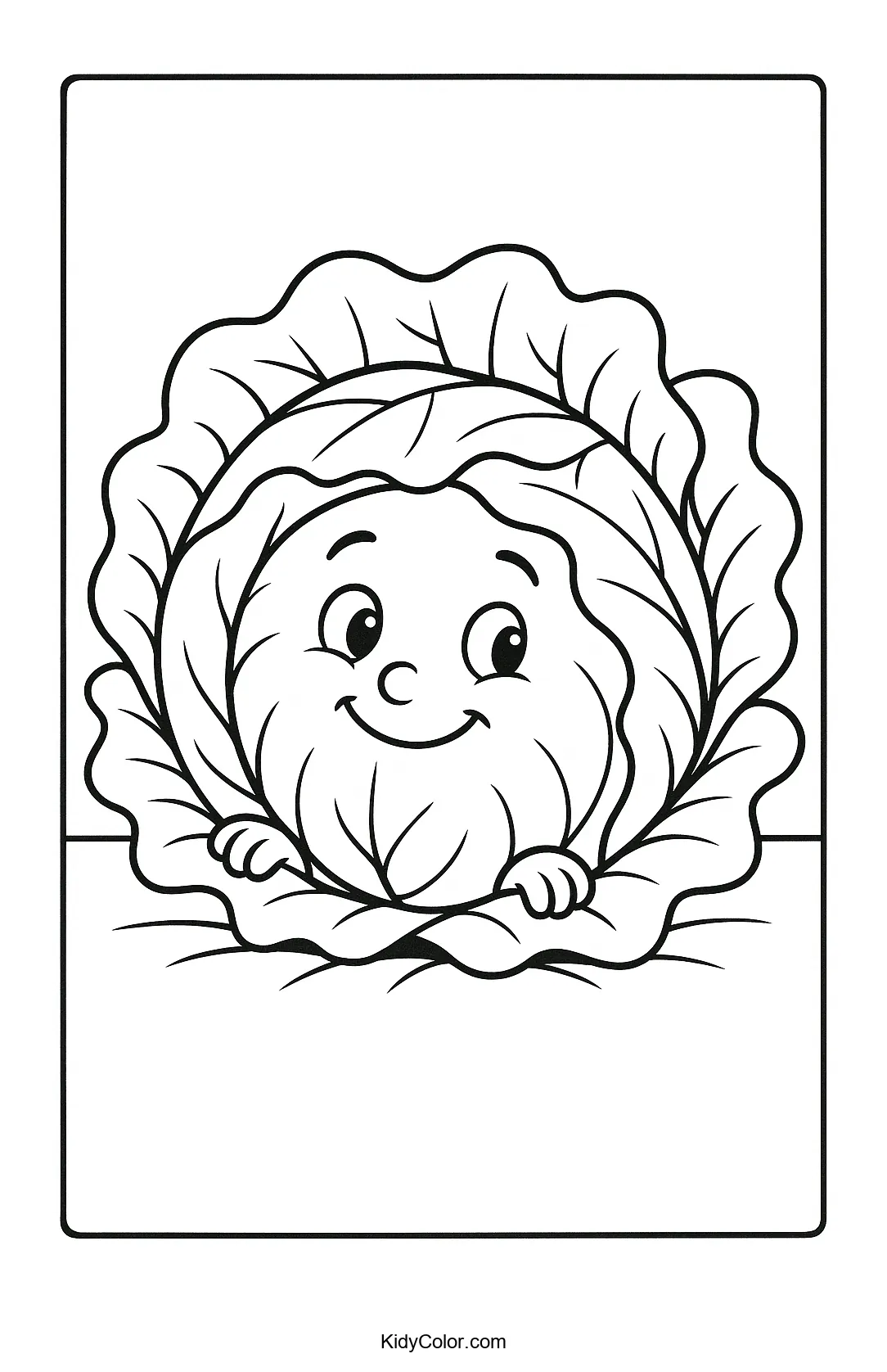 Smiling cabbage illustration in black and white