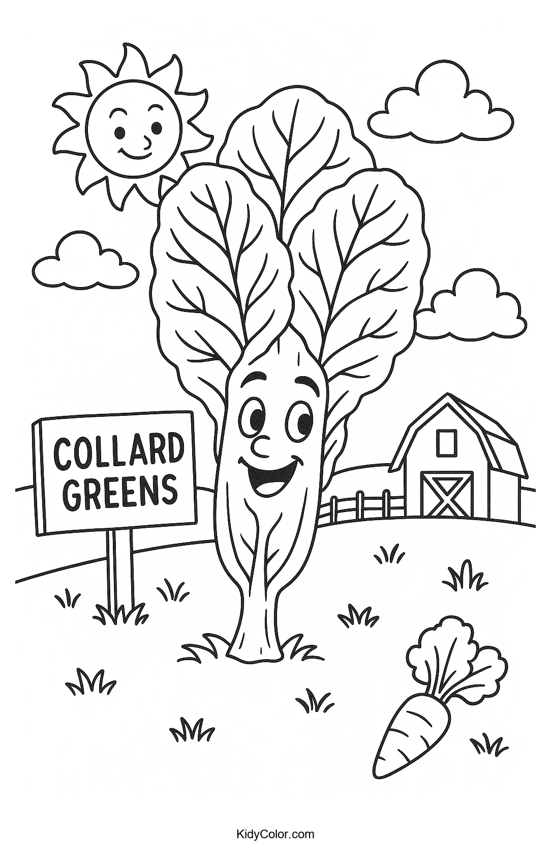 Collard greens with smiles in a countryside setting