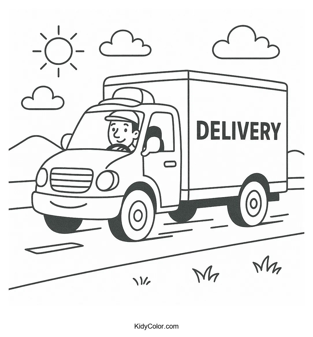 Smiling delivery truck driving on a sunny road