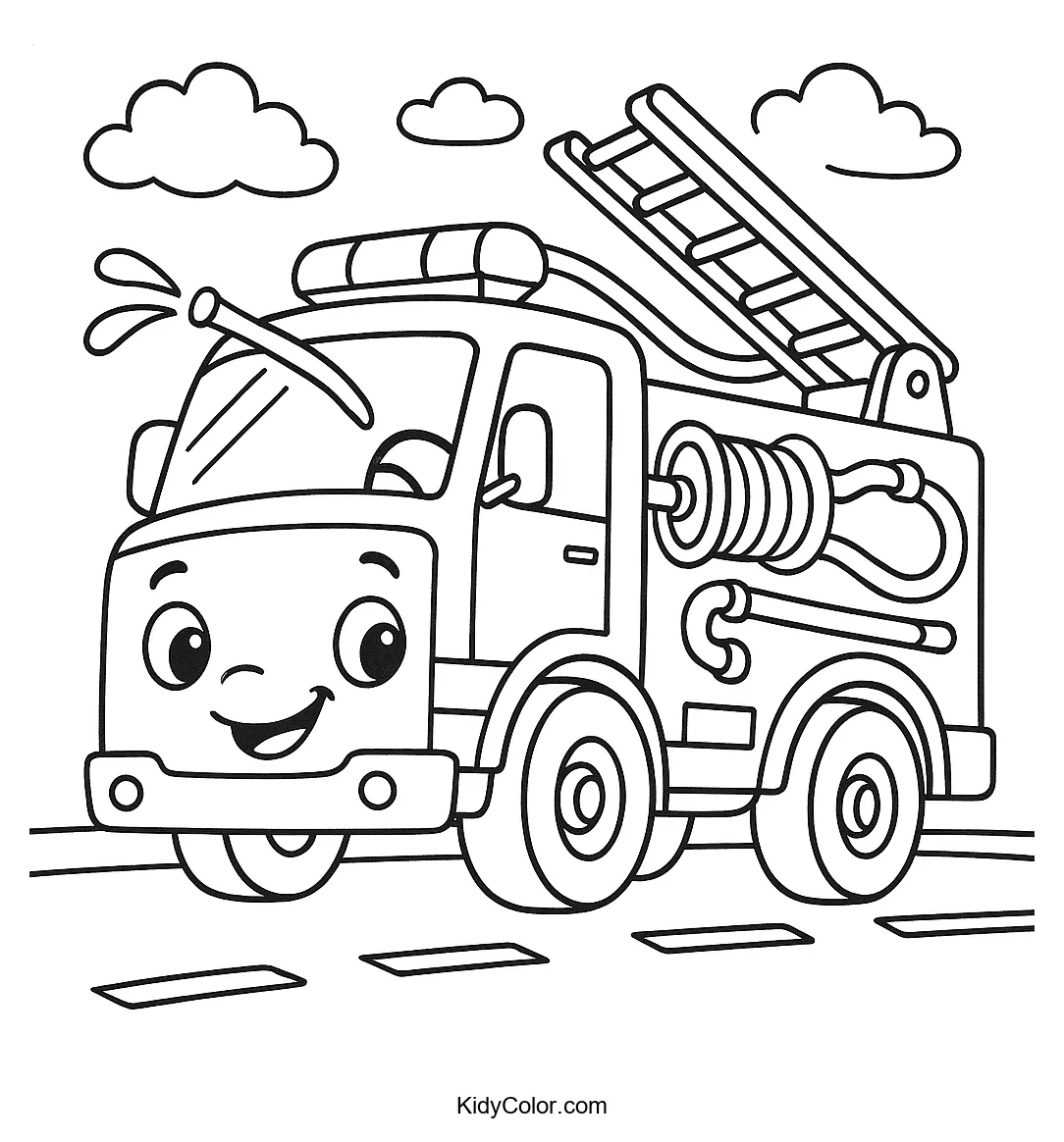 Smiling fire truck on a busy street