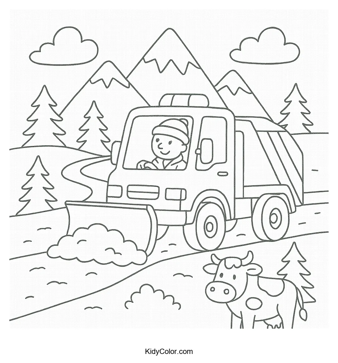 Snow plow clearing snow on a mountain road