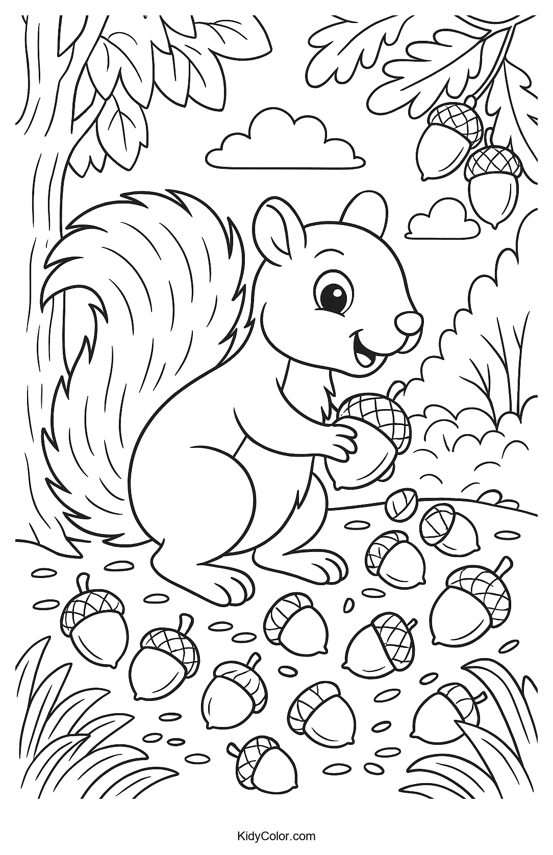 Squirrel gathering acorns in woodland