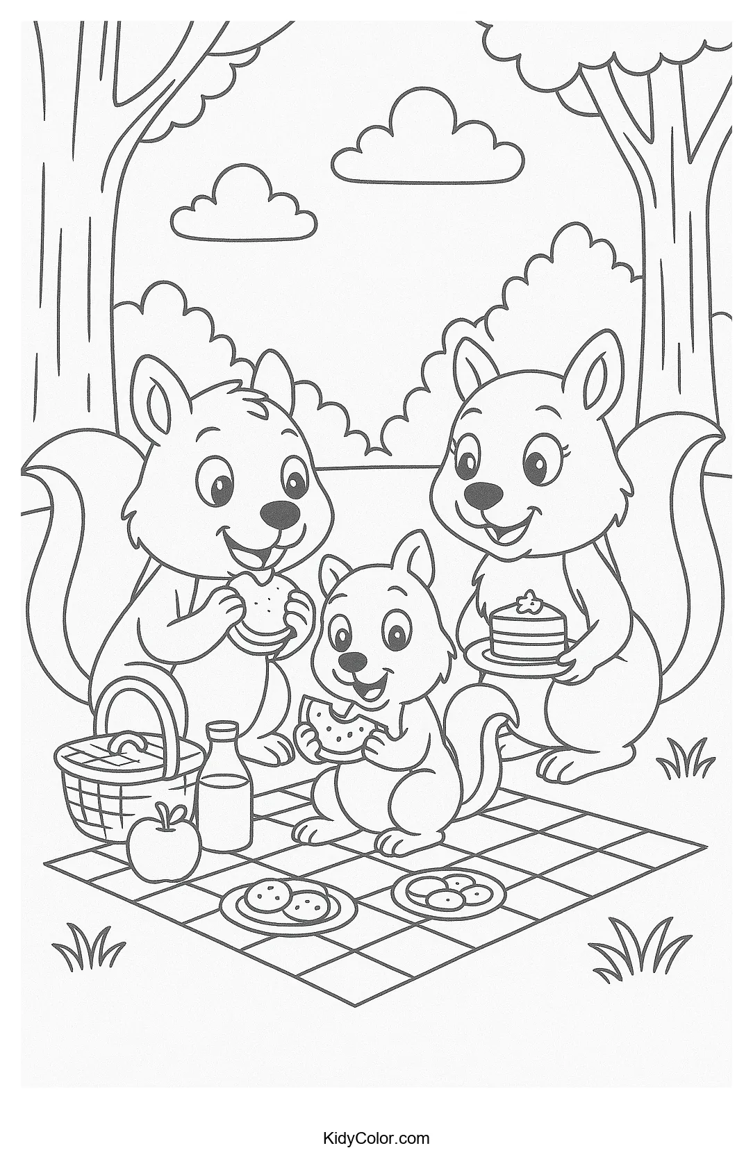 Squirrel picnic scene in the woods
