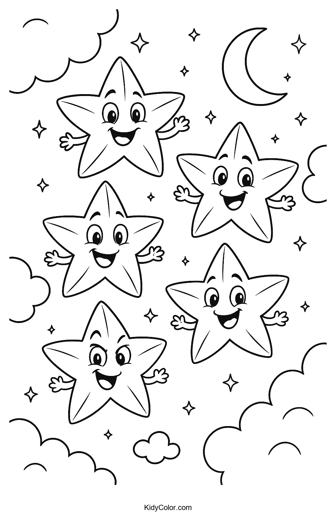 Coloring page featuring stars in a night sky.