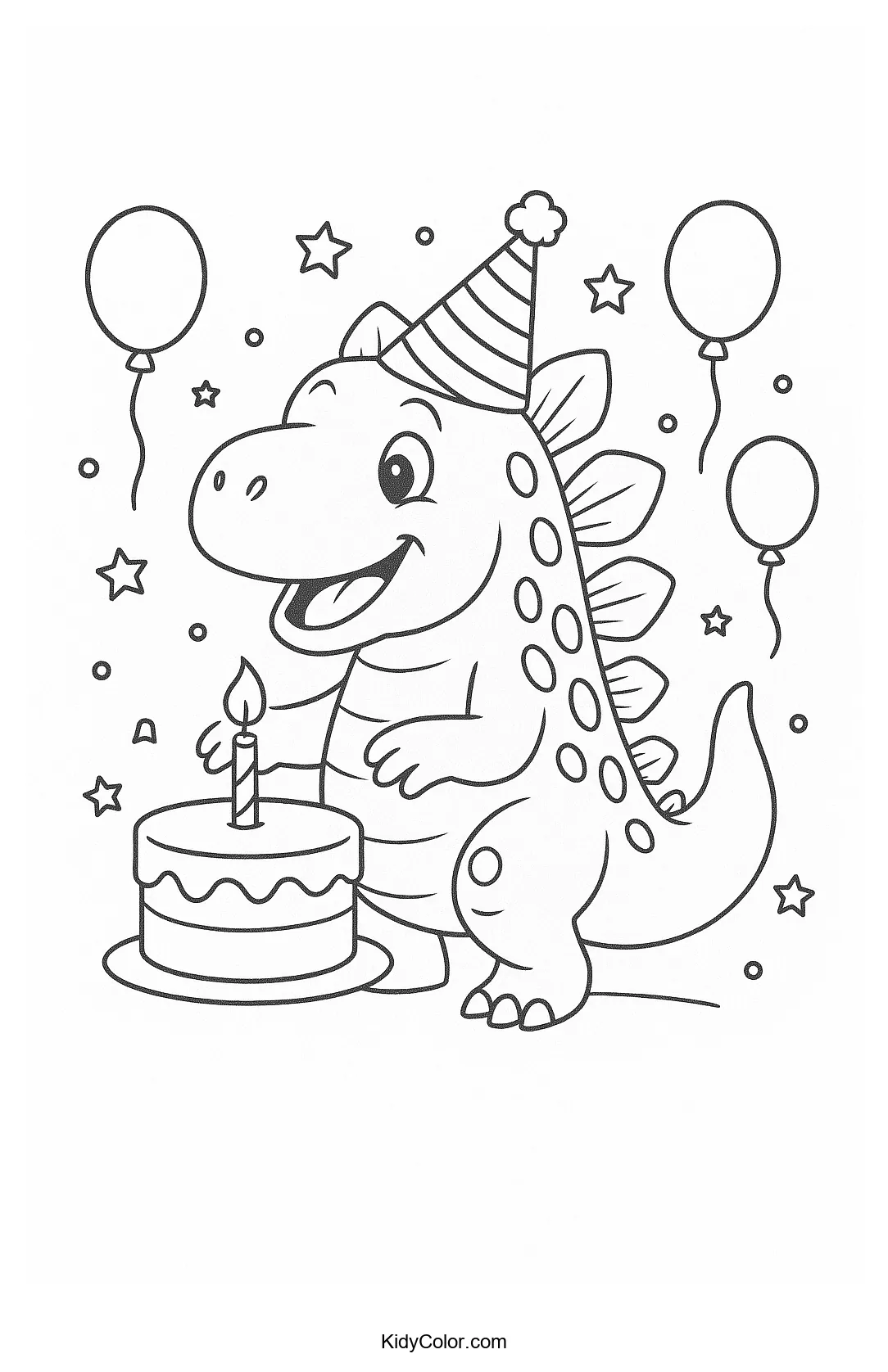 Stegosaurus at a birthday party coloring page