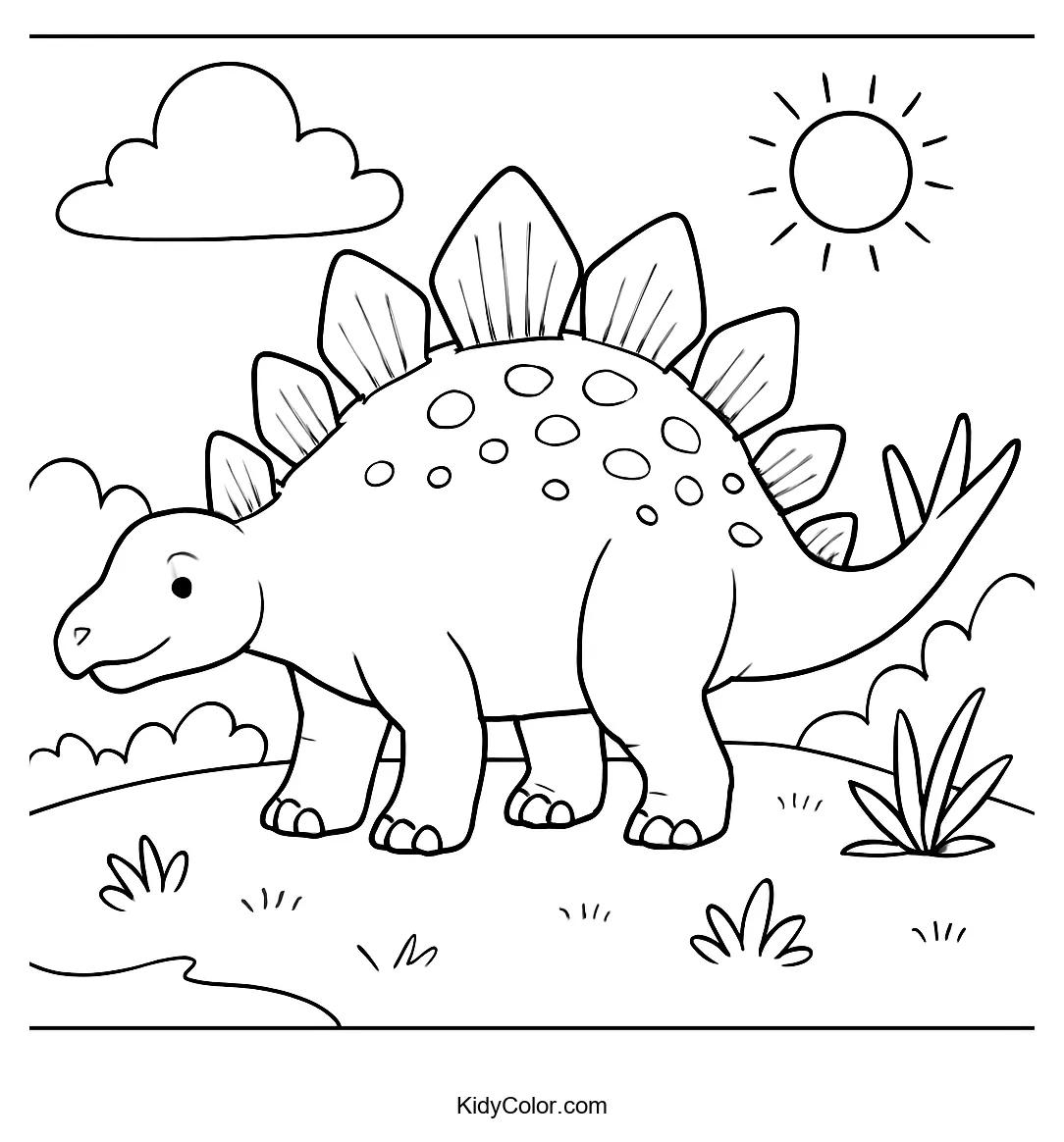 Coloring page of a Stegosaurus in a prehistoric meadow