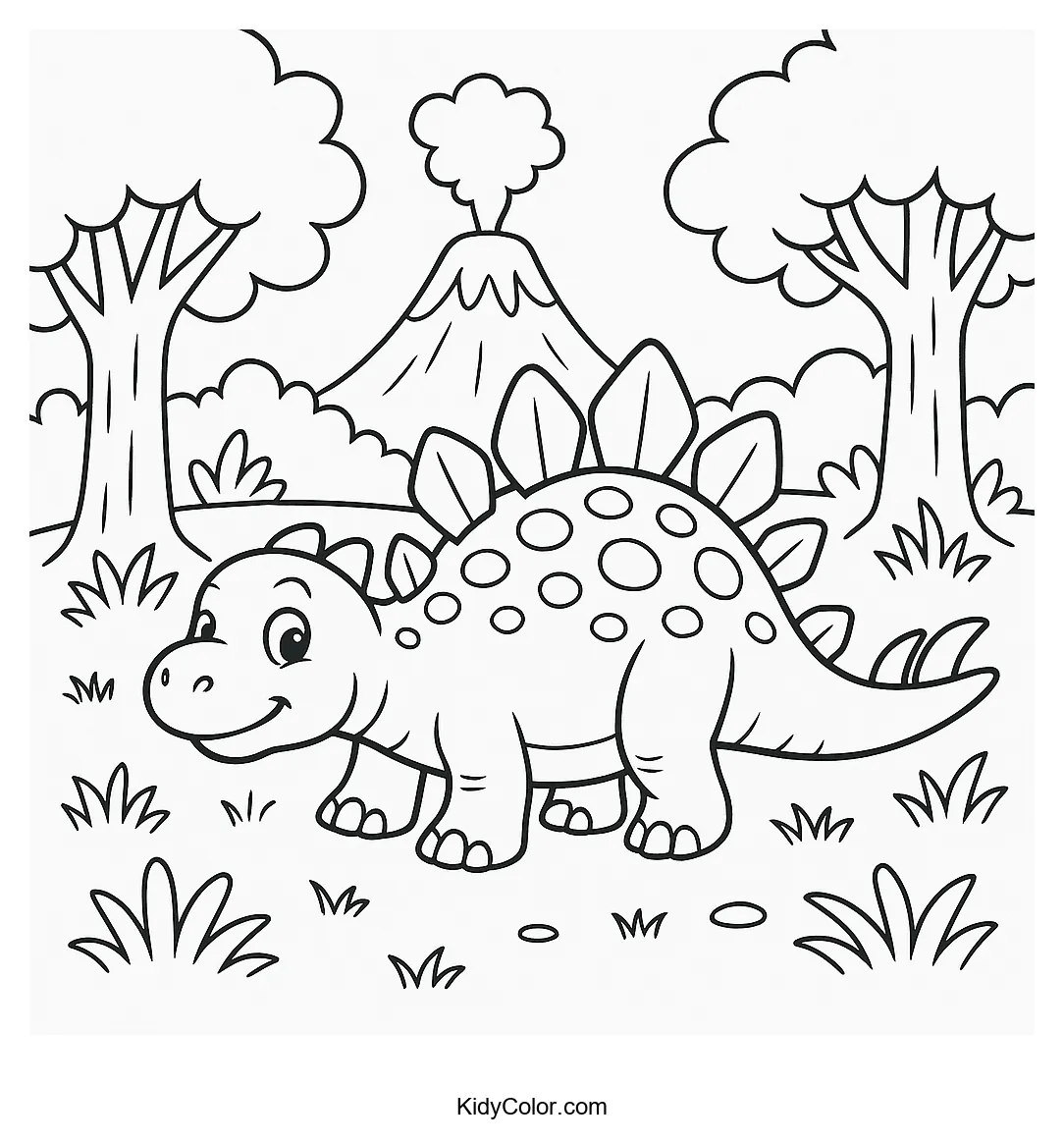 Stegosaurus in a prehistoric forest coloring page.