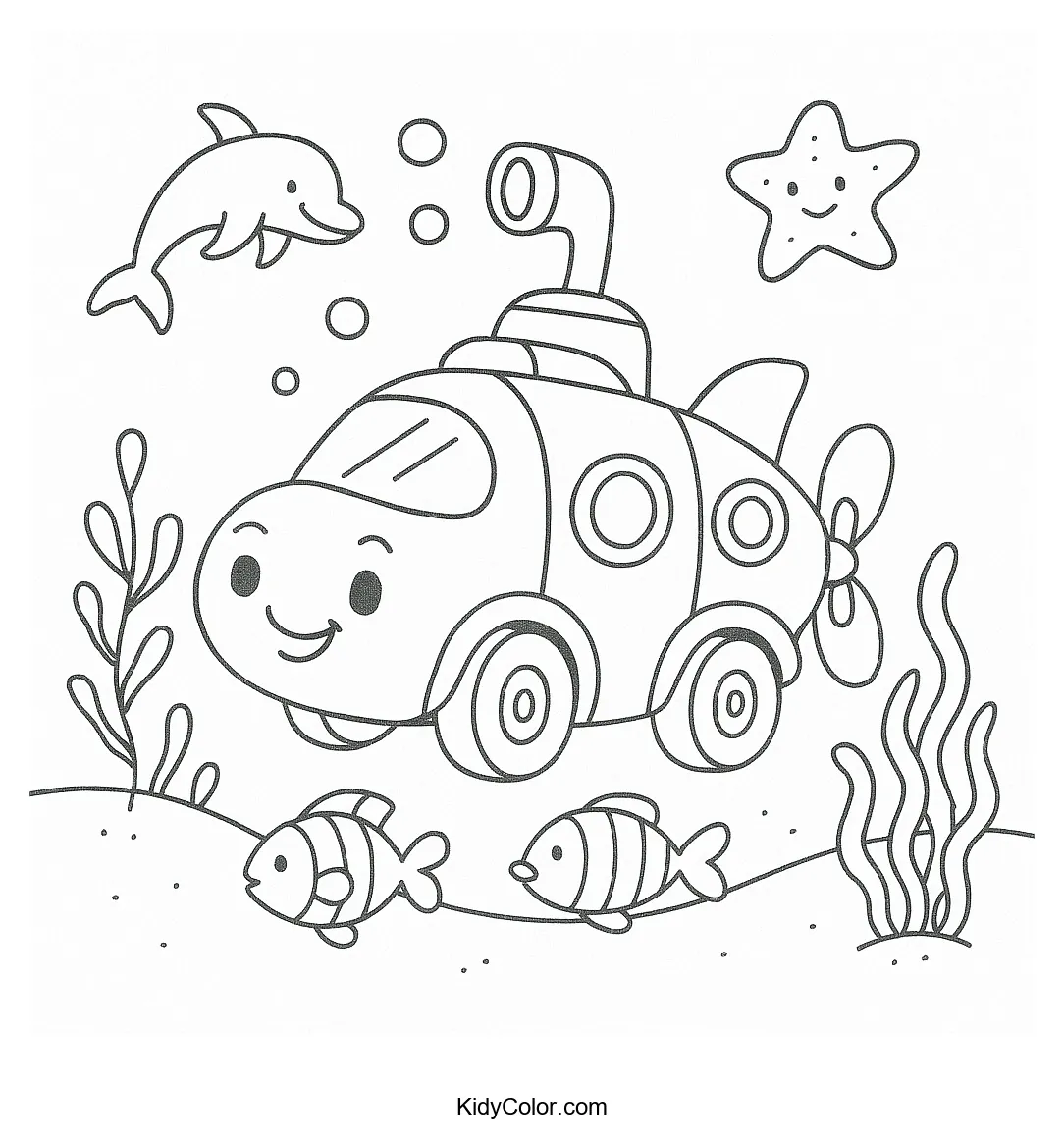 Submarine car underwater adventure coloring page