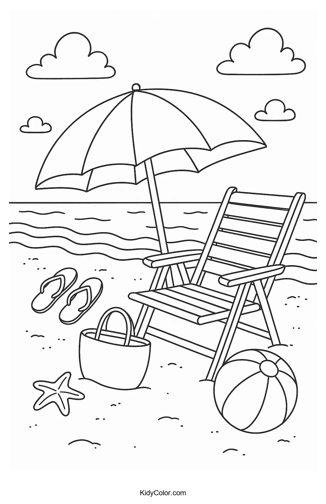 Coloring page featuring a sunny beach scene with palm trees and a sandcastle.