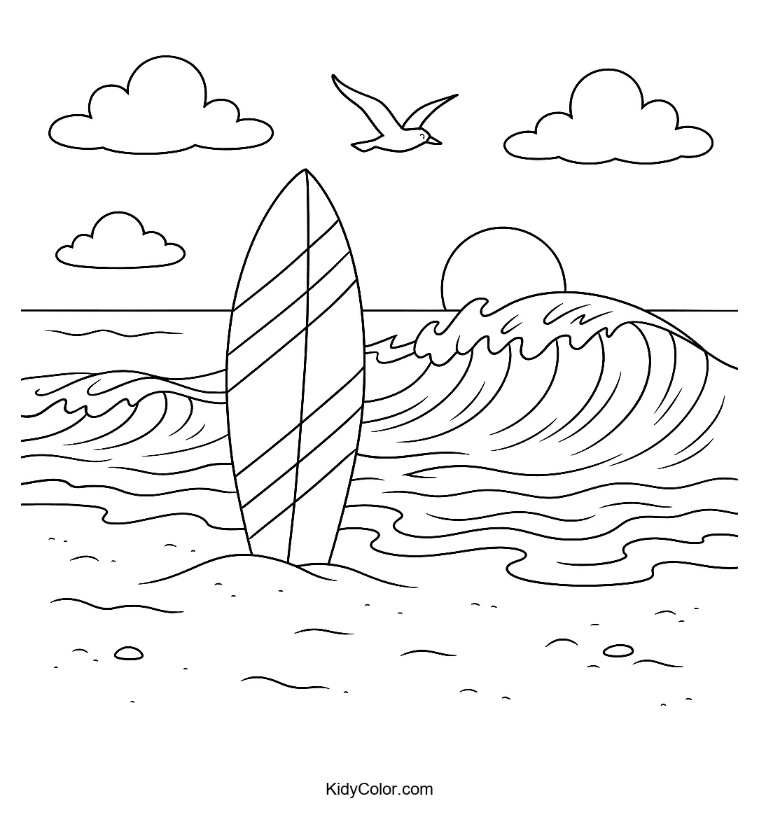 Surfer riding waves at sunset with seagulls