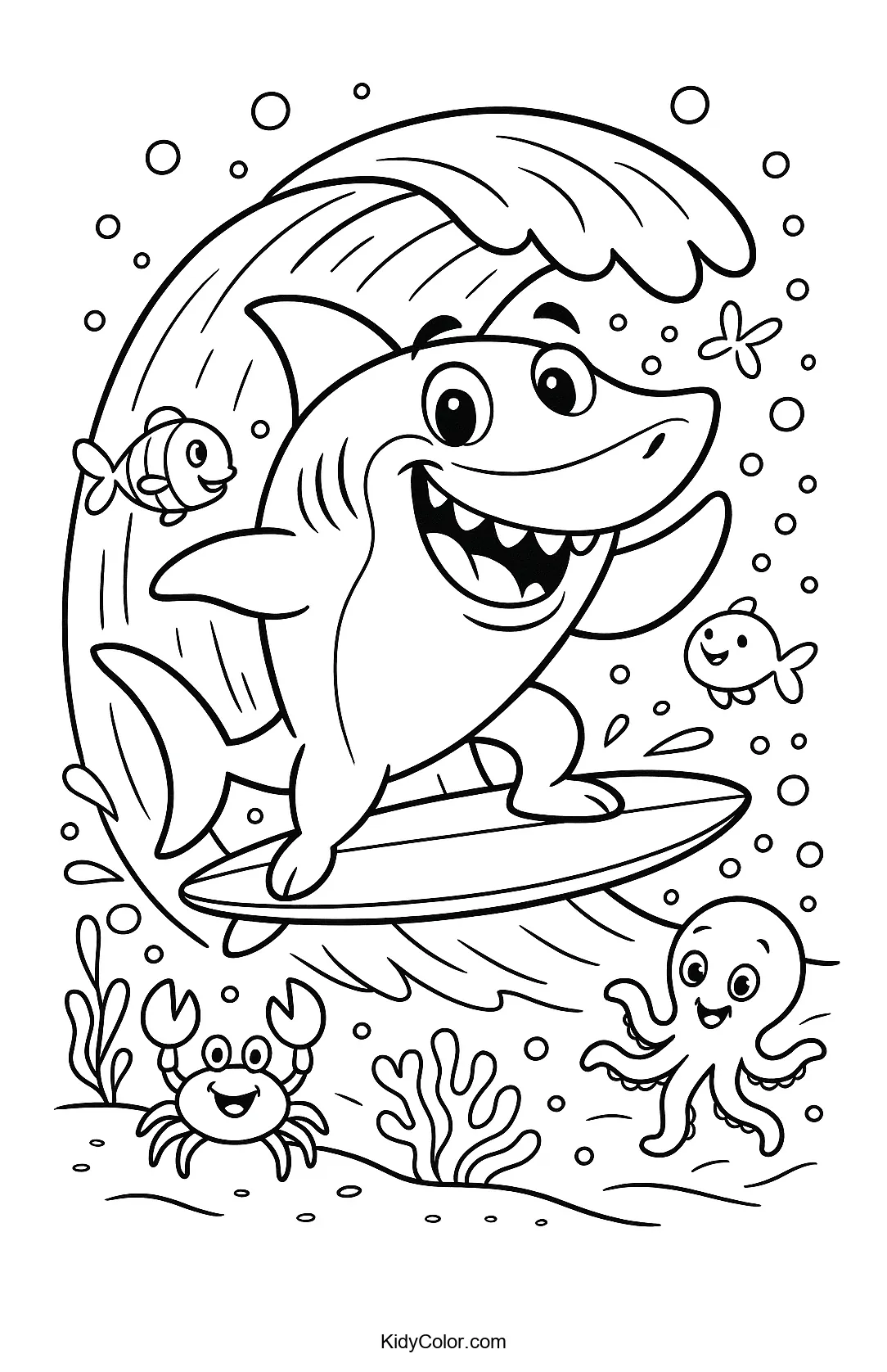 Coloring page of a surfing shark with undersea friends