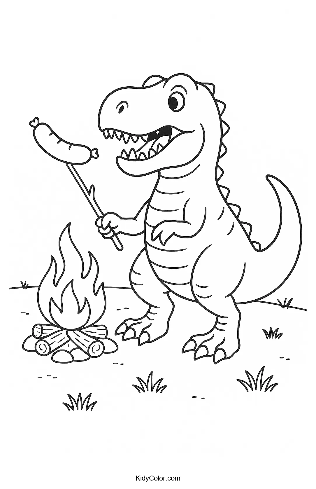 T-Rex roasting sausage by campfire