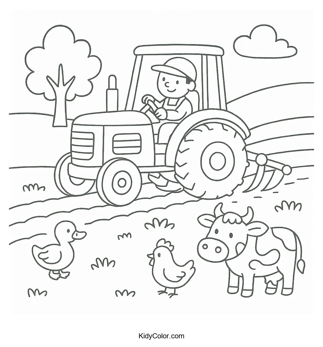 Coloring page of a tractor in the countryside