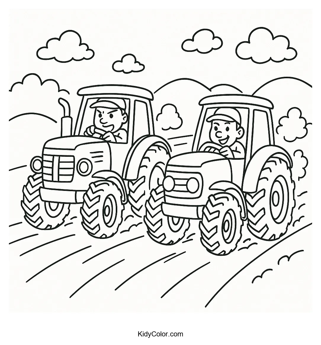 Tractor race on a dusty road coloring page