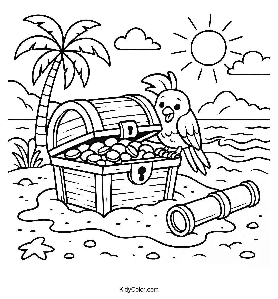 Coloring page of a treasure on a tropical shore