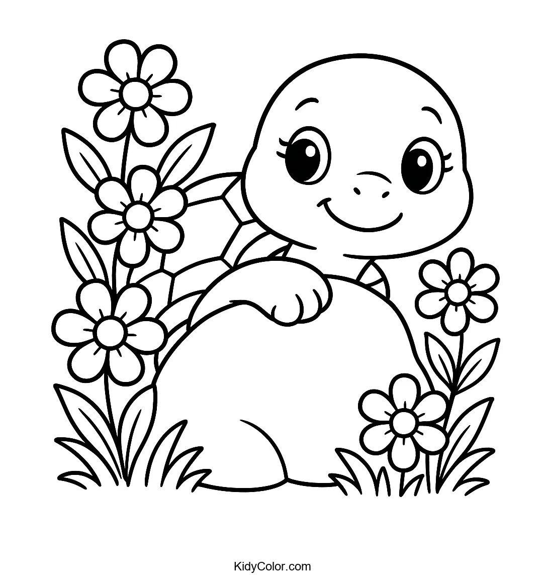 Turtle behind rock with flowers
