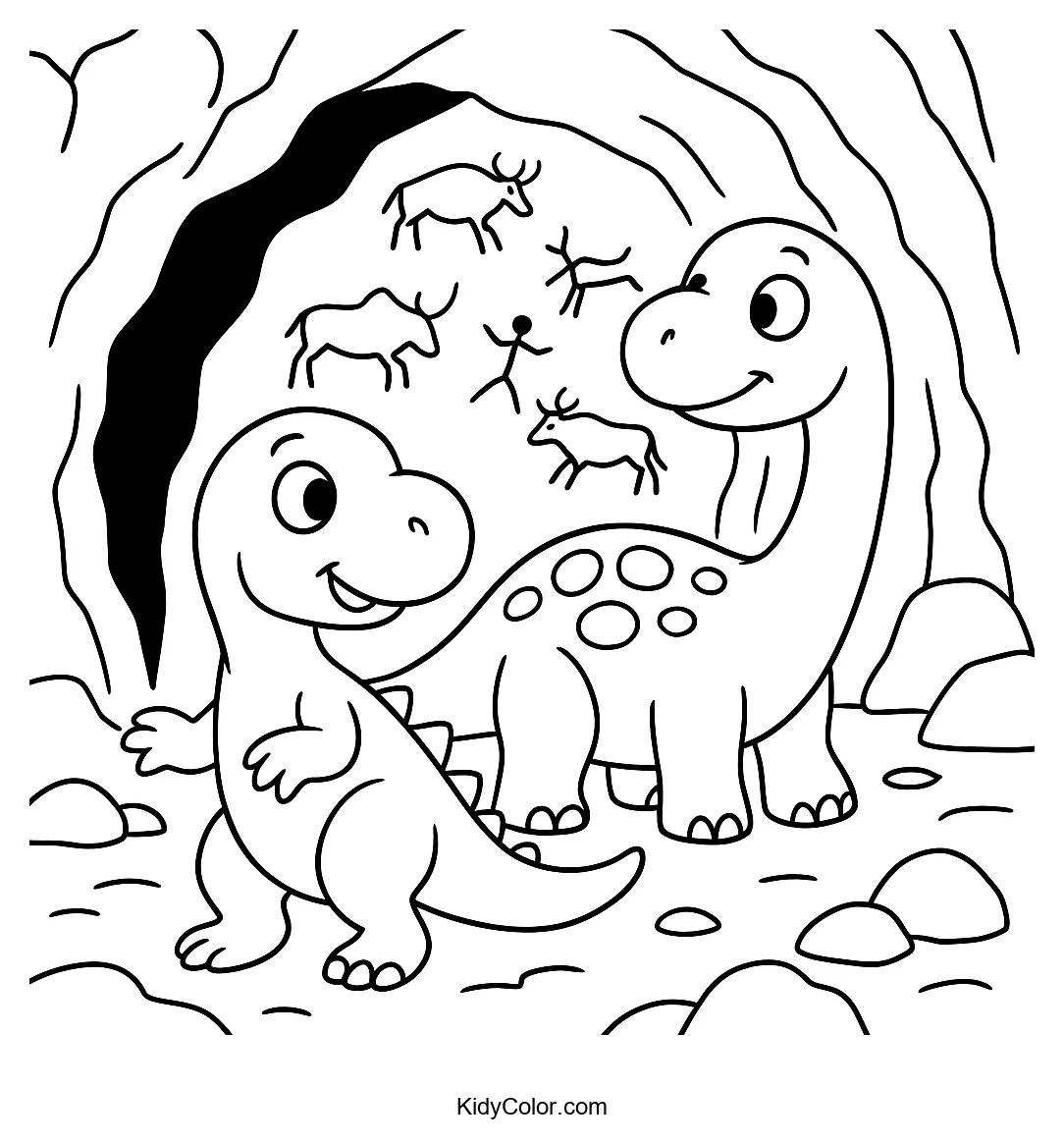 Dinosaurs in a shadowy cave with paintings
