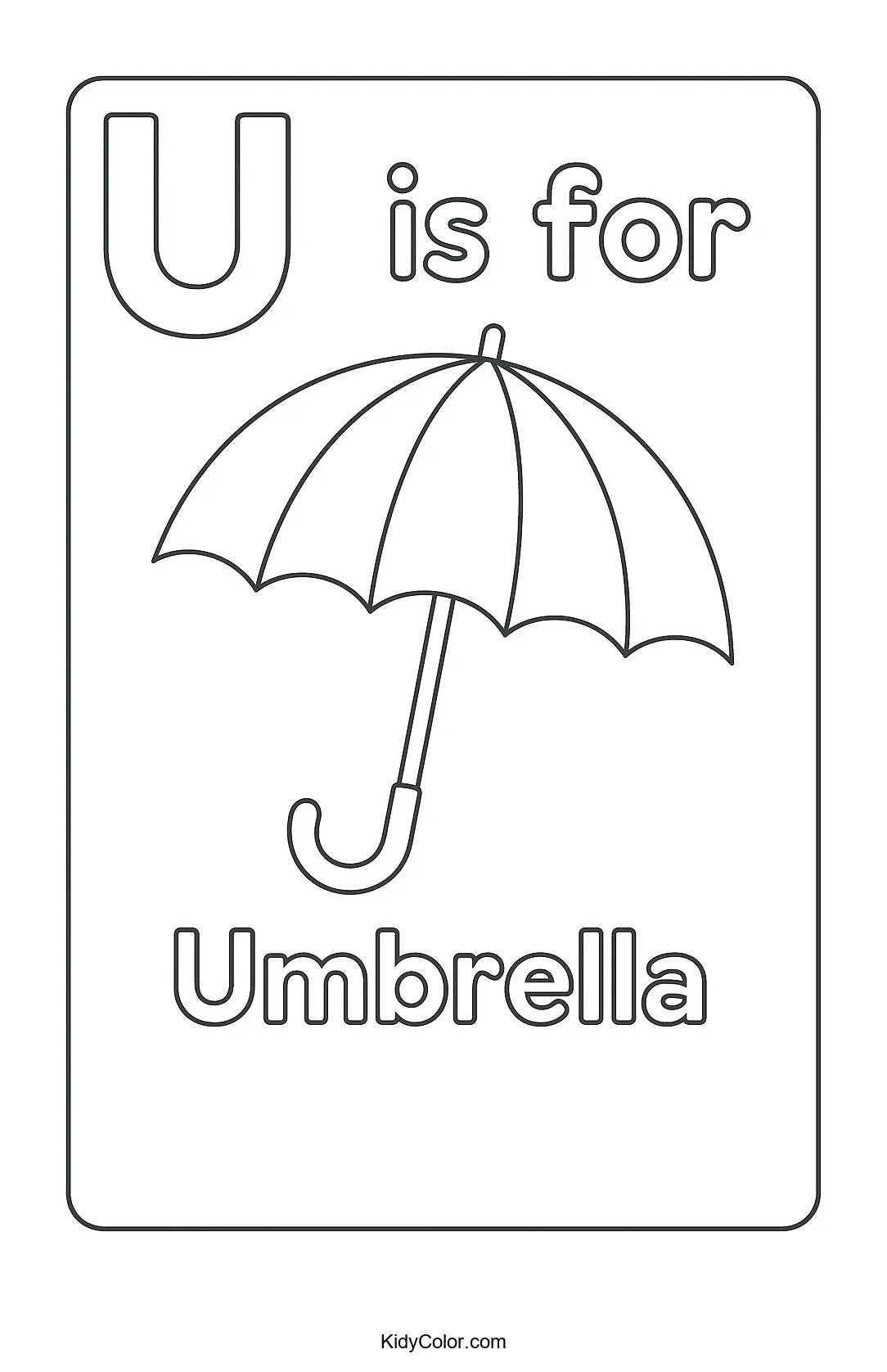 Coloring page of the letter U with an umbrella