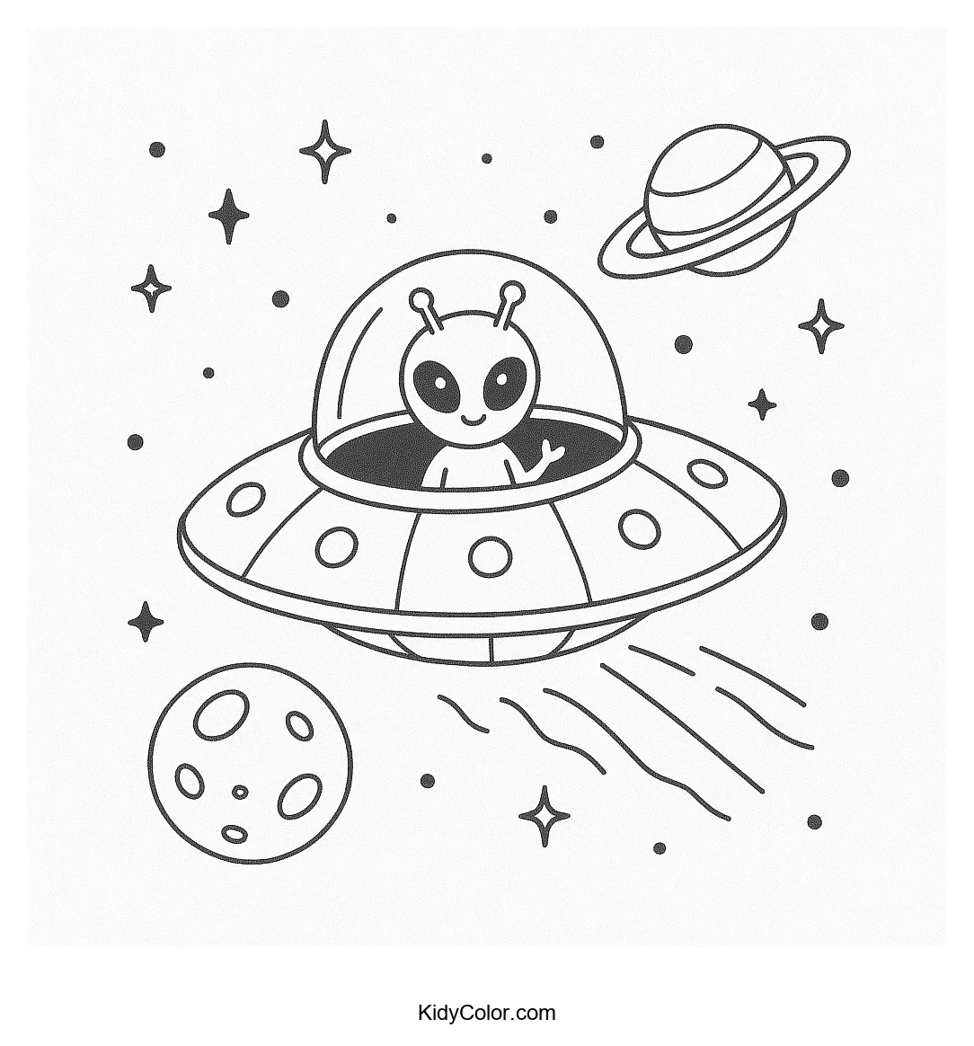 UFO with Saturn in space coloring page