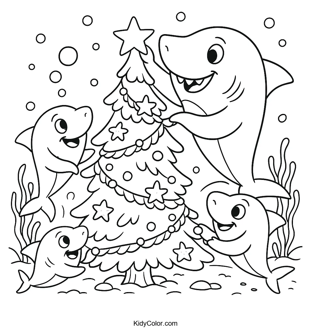 Underwater scene of Christmas tree decorating