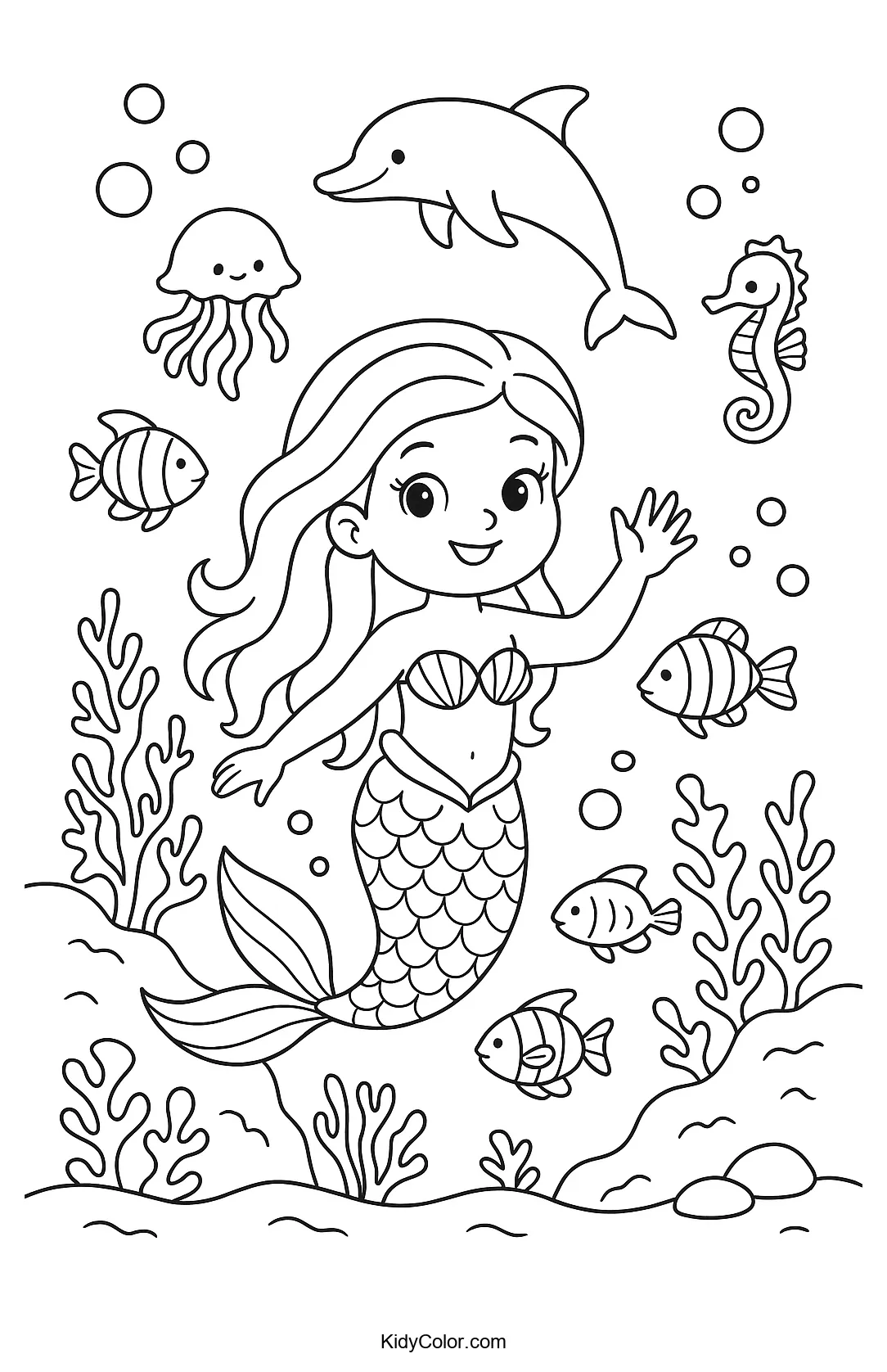 Coloring page of fantasy scene with mermaids and dolphins underwater.