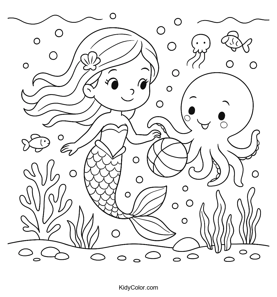 Mermaid and octopus underwater coloring page