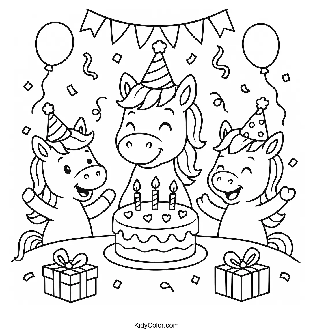 Unicorn birthday celebration with cake and balloons
