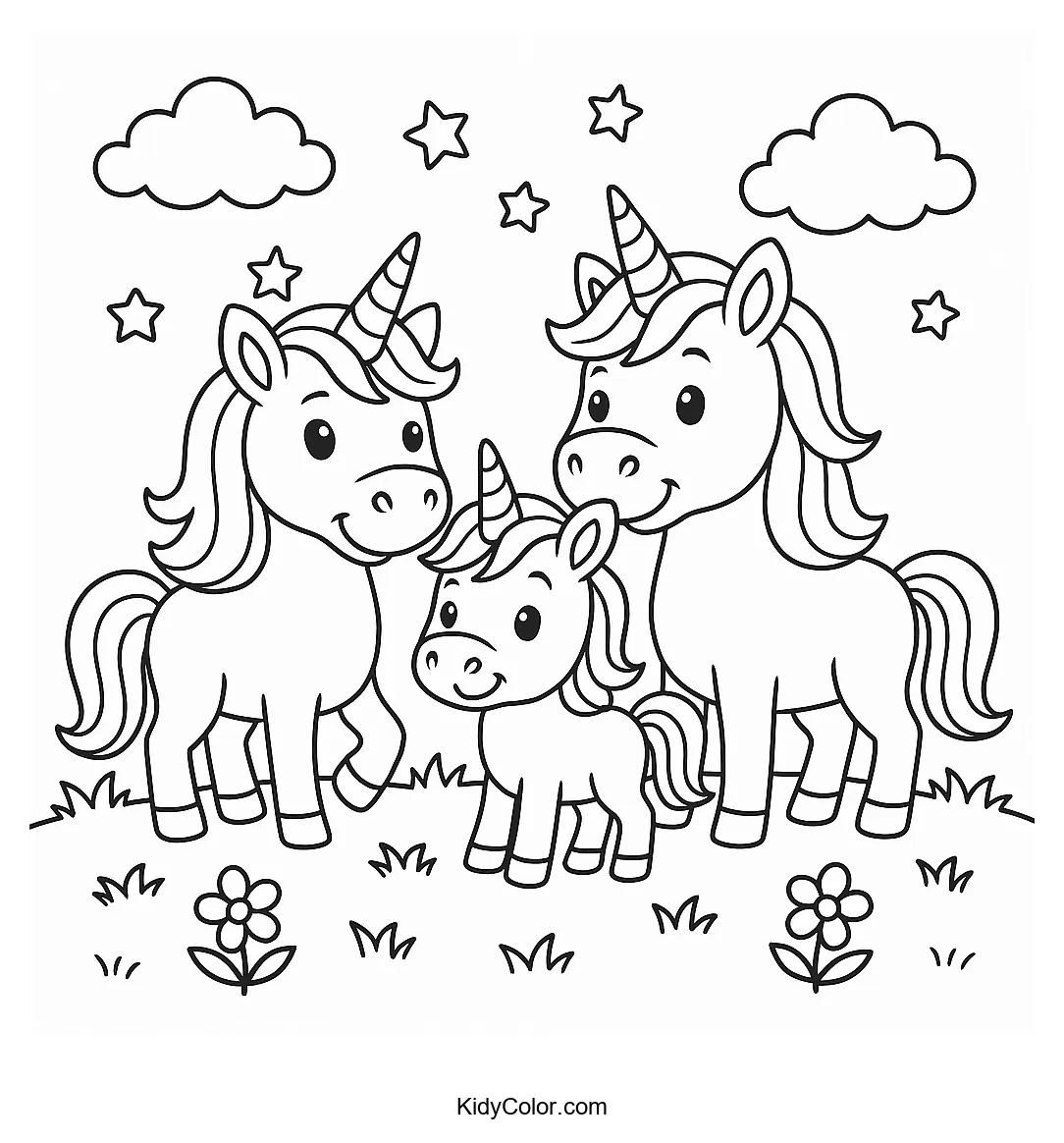 Unicorn family in a meadow