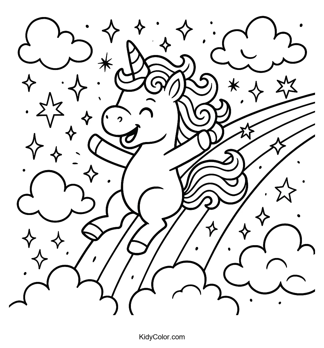 Coloring page of a unicorn riding a rainbow