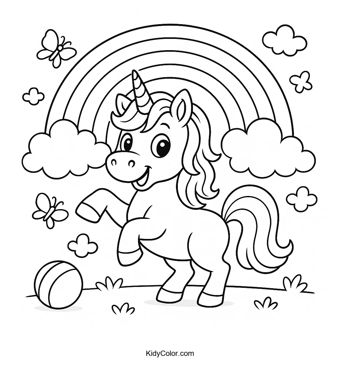 Unicorn under a colorful rainbow