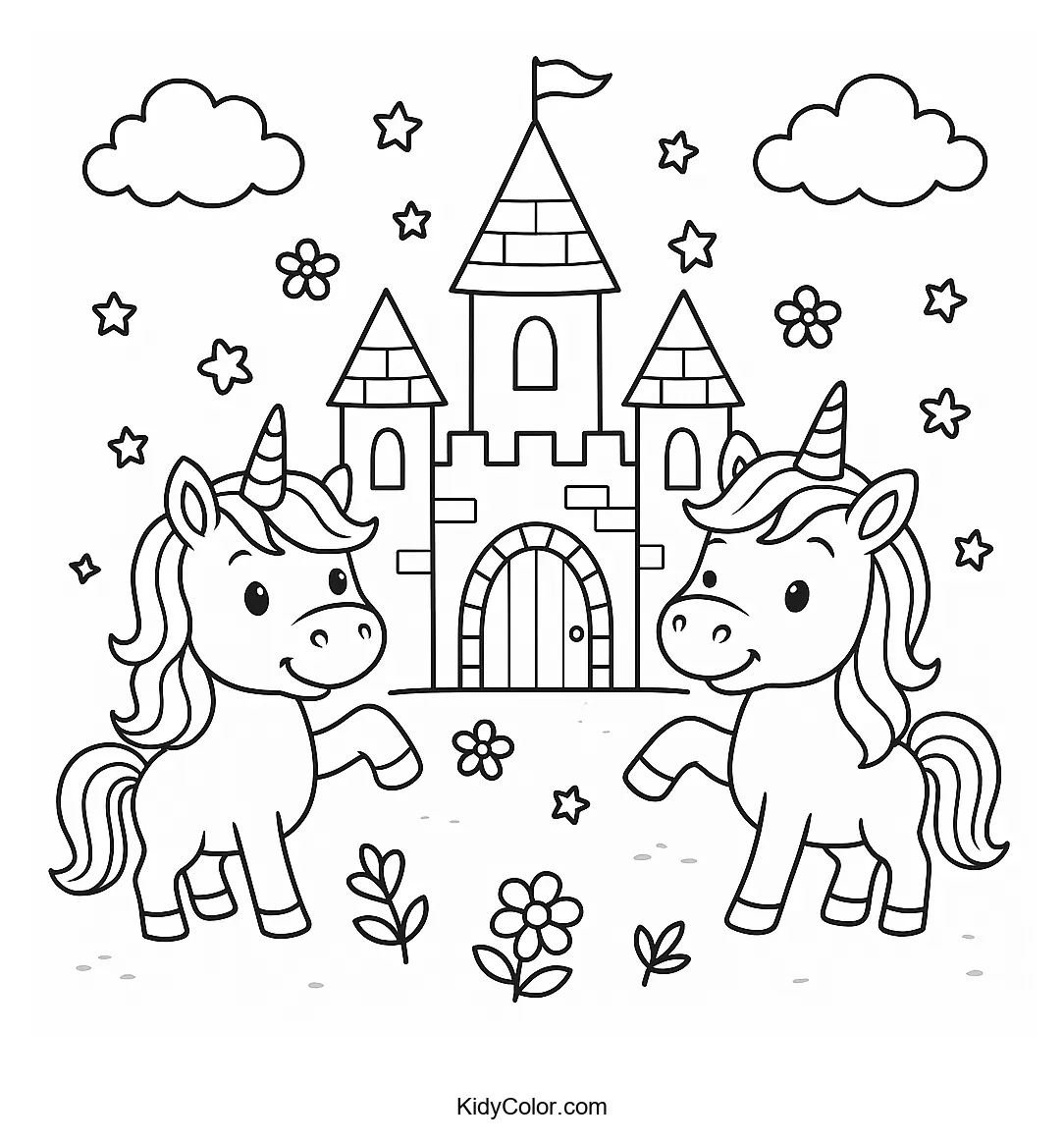 Unicorns and castle in enchanted garden