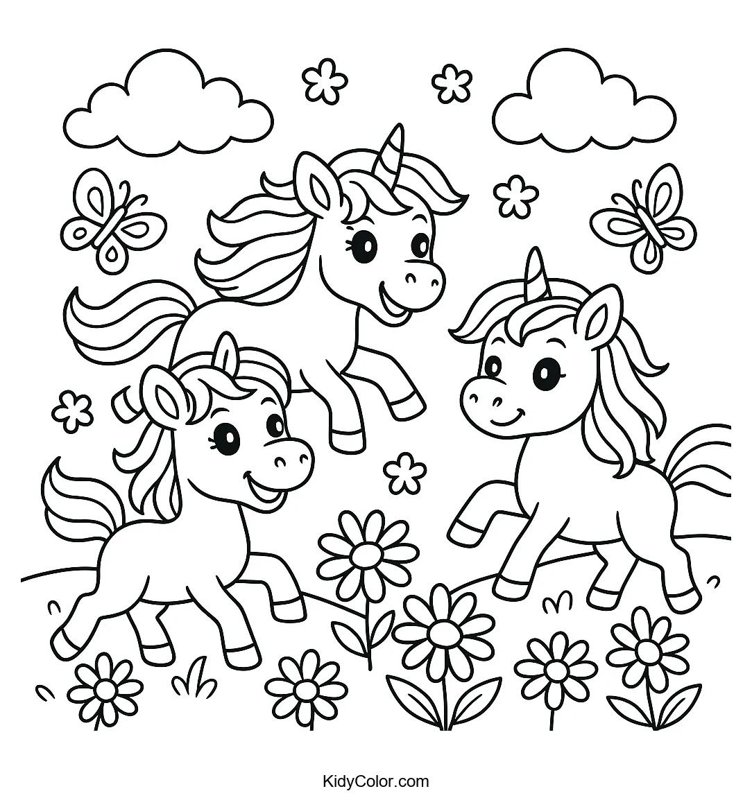 Unicorns in a blossom meadow for coloring