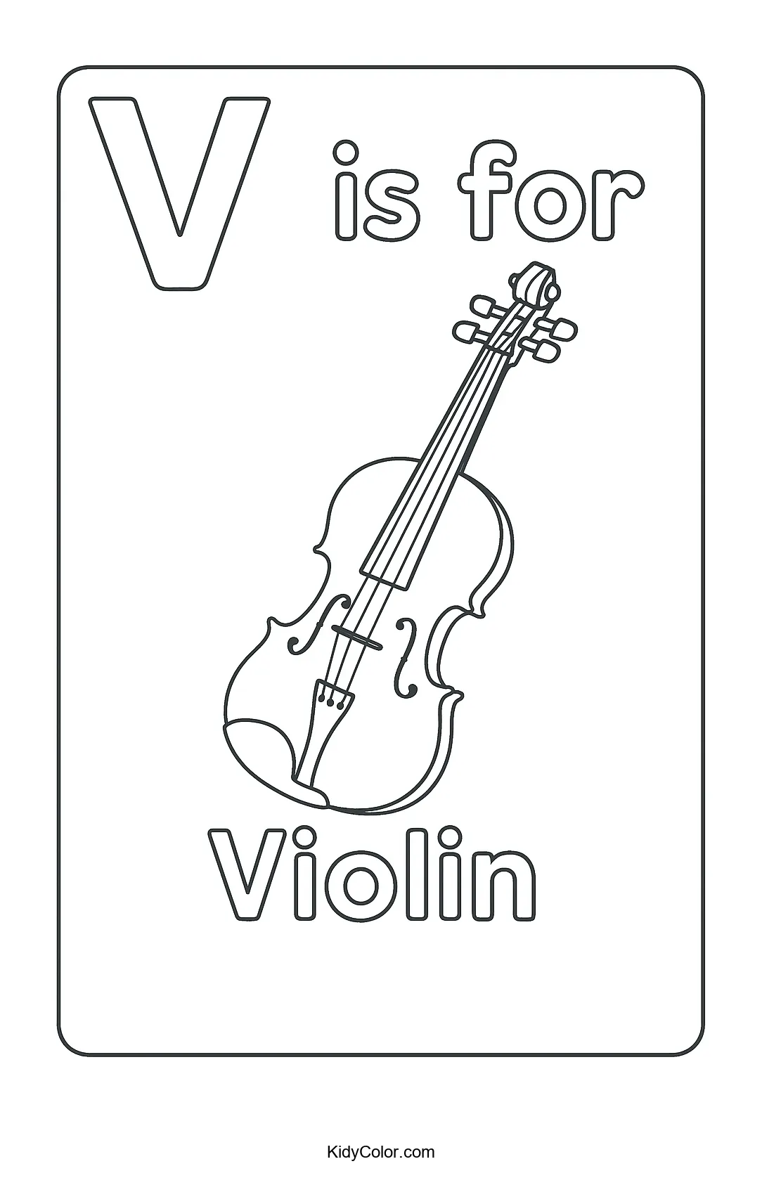 V is for Violin coloring page with a violin illustration.