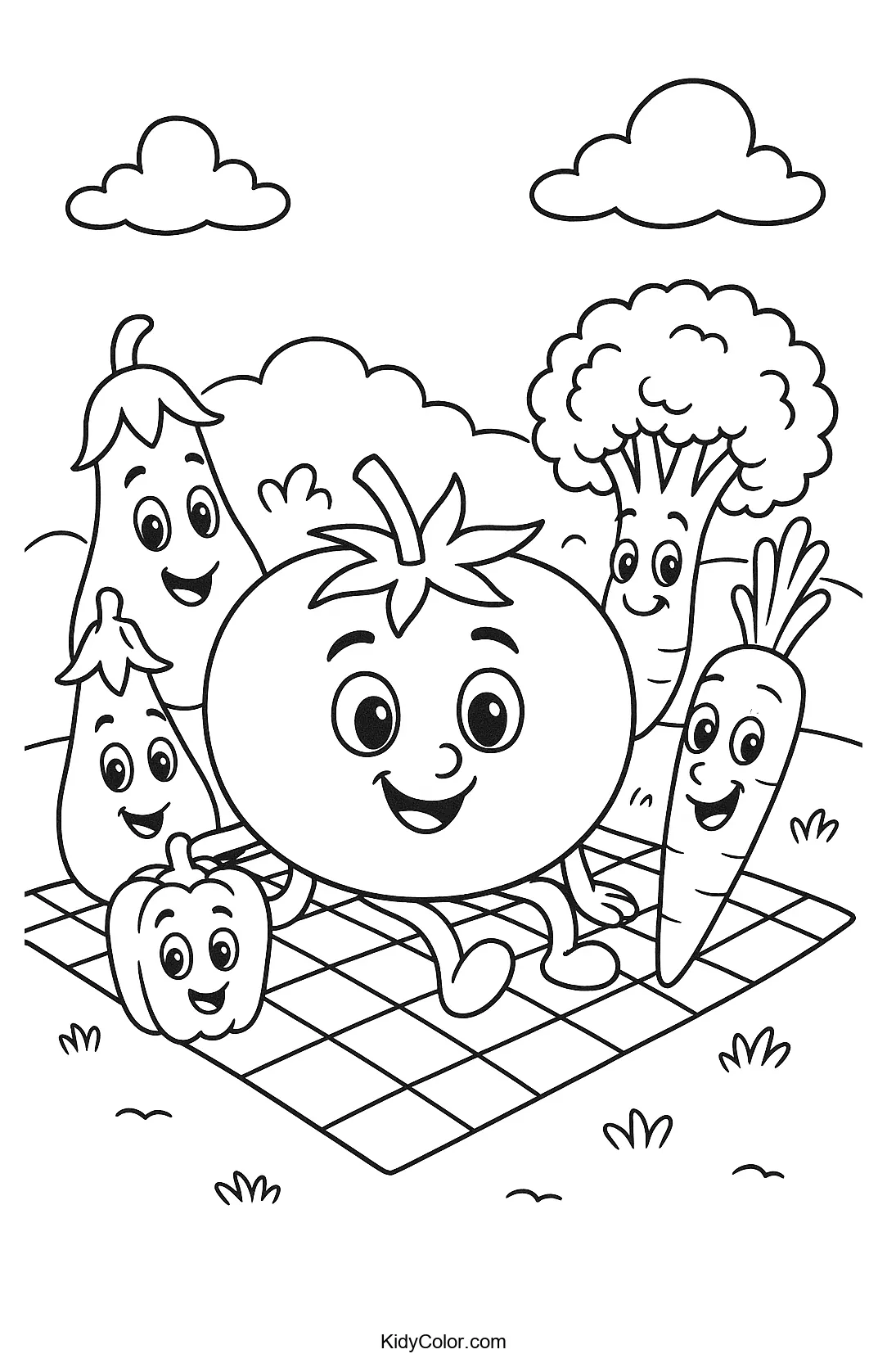 Coloring page of vegetables at a picnic
