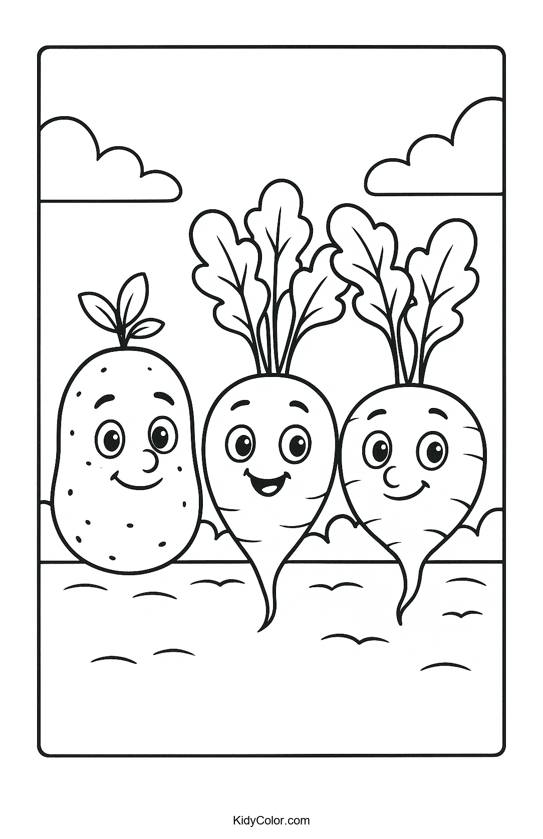 Vegetables in a garden row coloring page