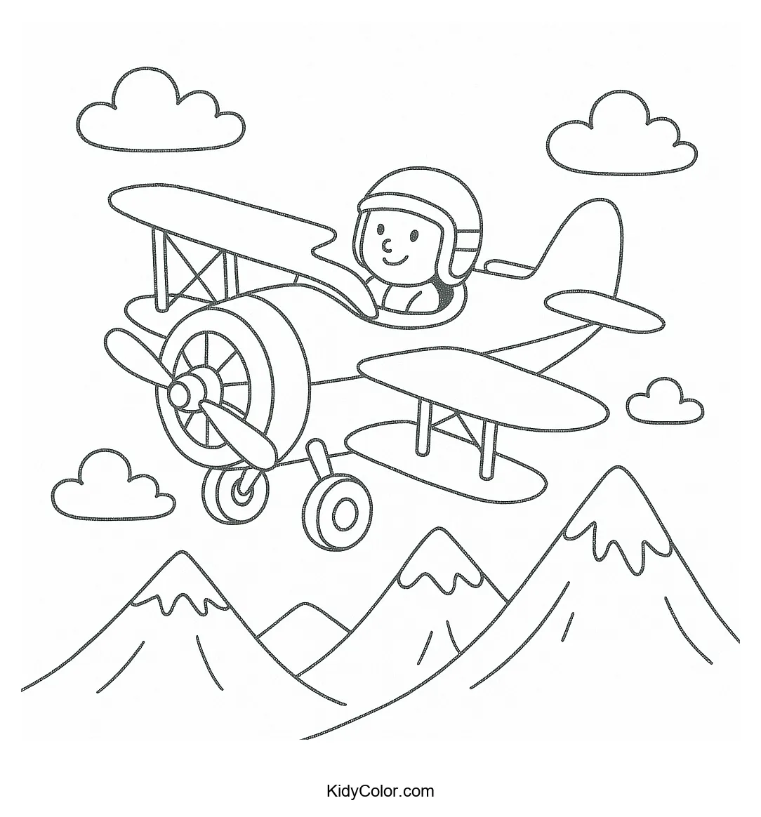 Vintage biplane flying over mountain peaks.