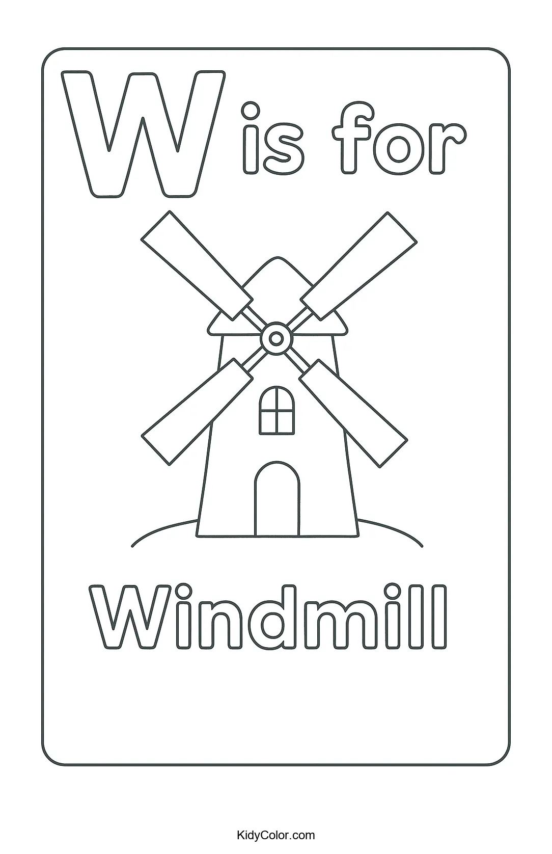 Letter W and windmill coloring page
