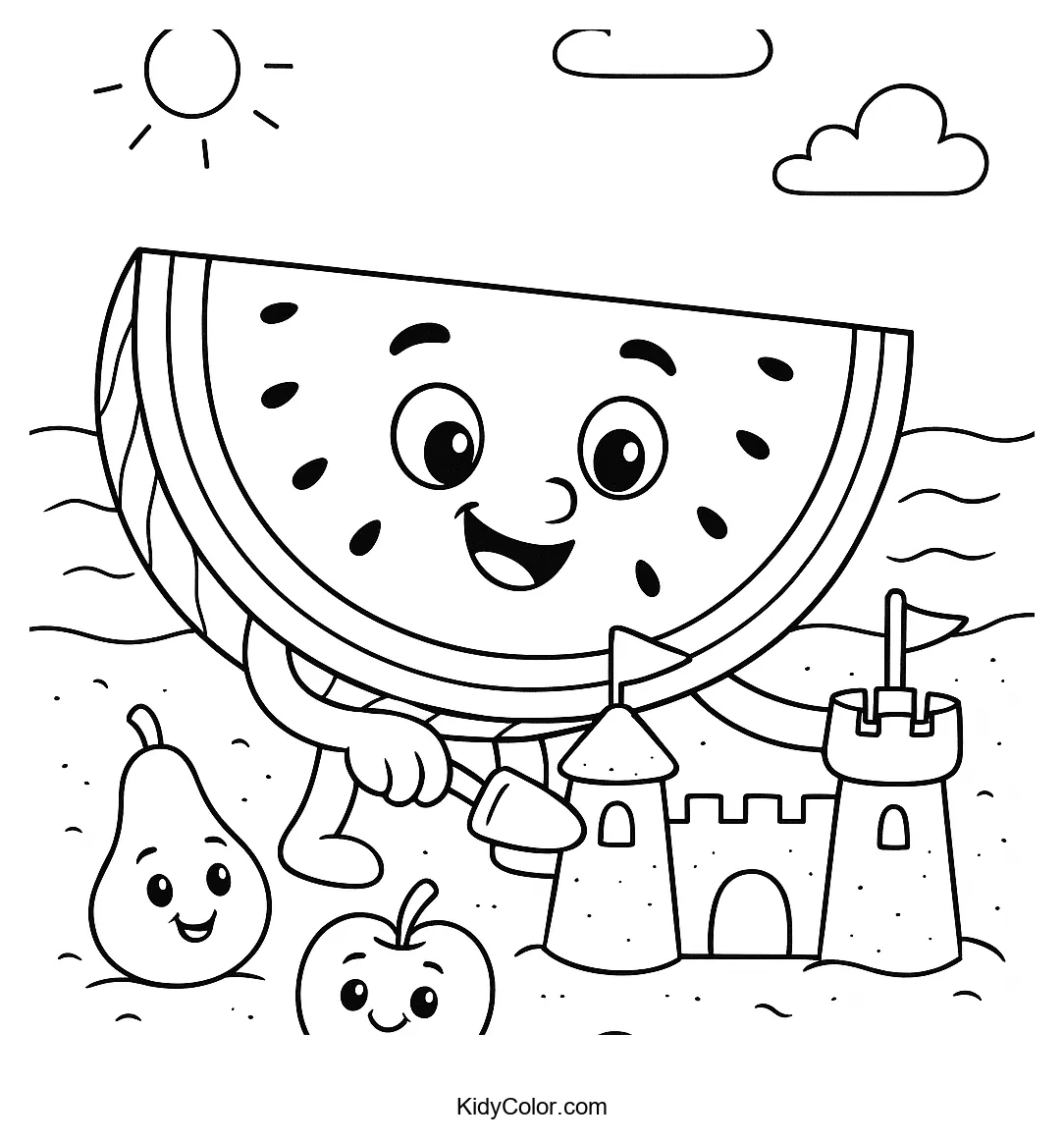 Watermelon slice builds a sandcastle coloring page